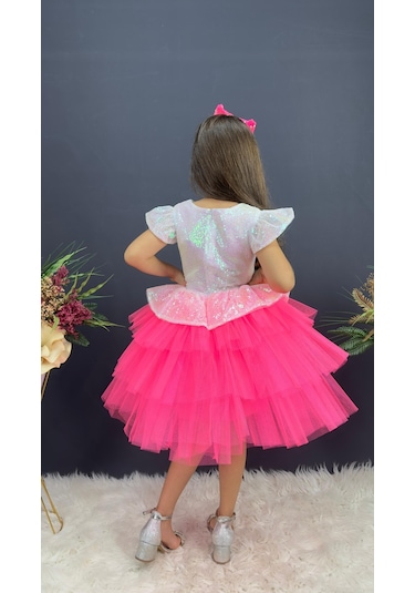 Barbie Beyaz Taçlı Kız Çocuk Doğum Günü Parti Elbisesi Abiye - Beyaz