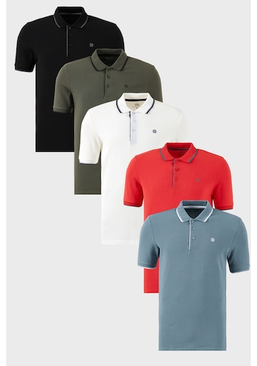 Buratti Pamuklu Slim Fit Şerit Detaylı Düğmeli Polo Yaka 5'Li Paket Erkek T Shirt 5902118S5 Siyah-Haki-Mavi-Kırmızı-Beyaz