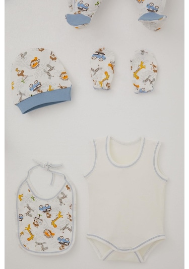 Breeze Erkek Bebek Hastane Çıkışı 8 Li Safari Macerası Sevimli Hayvancıklar Desenli 0-3 Ay, Ekru Ekru