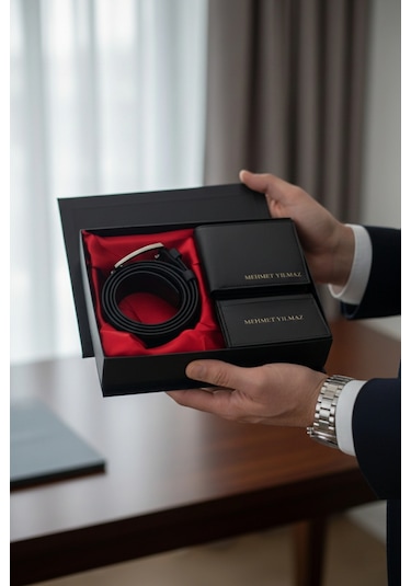 İsim Baskılı Erkek Cüzdan Kartlık Kemer Seti Kişiye Özel Kutulu Hediye Seti Siyah