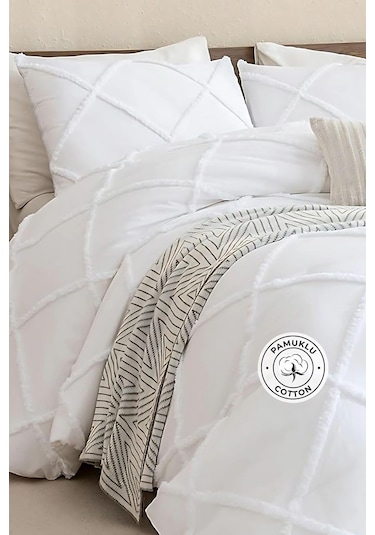 Evlen Home Pamuklu Aimar Yatak Örtüsü Takımı Çift Kişilik Günlük Boho 3 Parça Elyaf Dolgulu Beyaz Beyaz