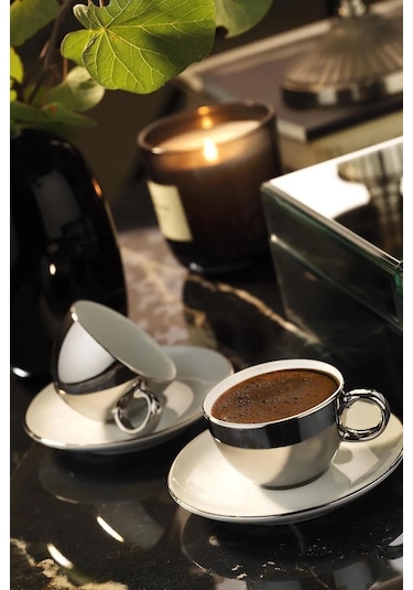 Zeugma 12 Parça 6 Kişilik Kahve Fincan Takımı Platin Kaplama Beyaz