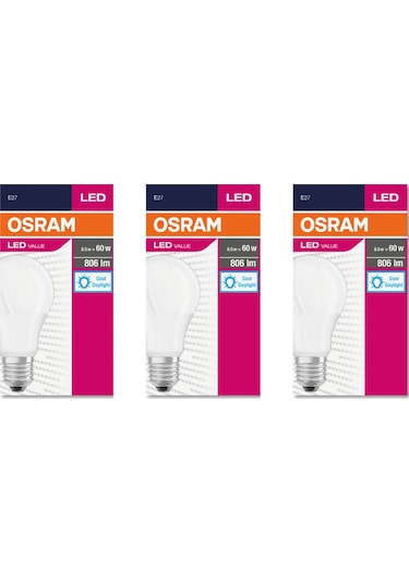 Osram Led Value 8,5W 6500K Beyaz Işık 806lm E27 3 lü Paket