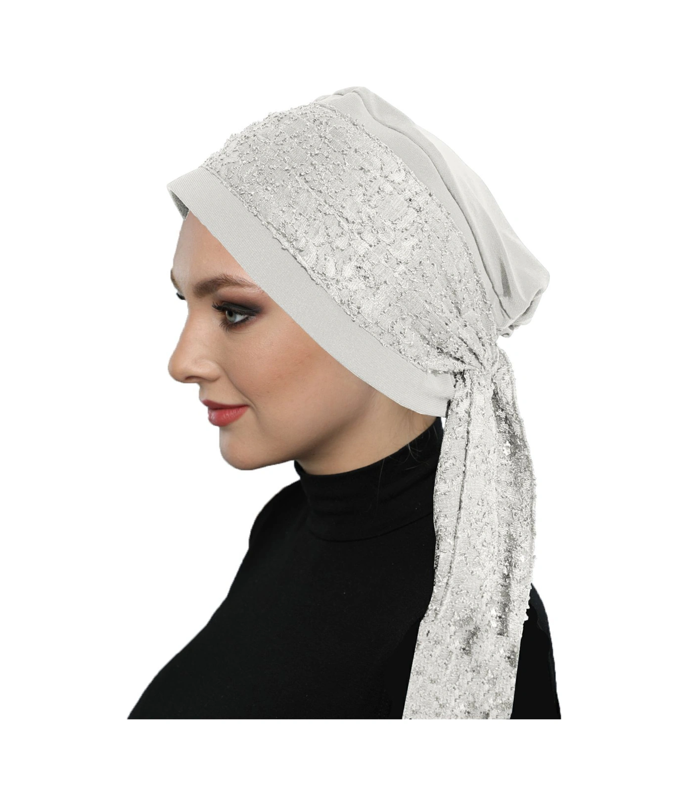 Dantel Bandana Krem Hazır Türban Tesettür Bone Krem