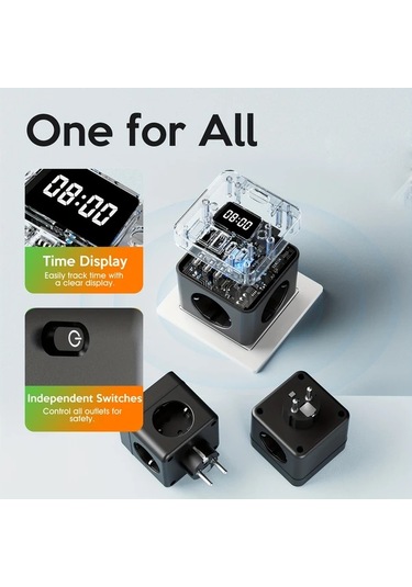 Motion003 Beyaz 3 Ac Cikisi 3 Usb A Ve 2 Usb C Portlu Kompakt Cok Fonksiyonlu Guc Kubu Duvara Monte Edilebilir Asiri Gerilim Korumali Siyah