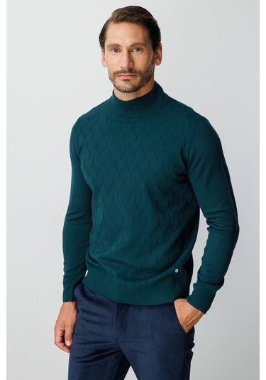 Petrol Standart Fit Dar Kalıp Yarım Balıkçı Düz Uzun Kollu Triko-10088 Yeşil