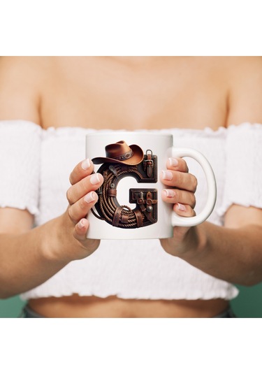 G Harfi Kovboy Temalı Bardak 330 Ml İsim / Harf Kişiye Özel Hediye - Vahşi Batı Konsept Beyaz