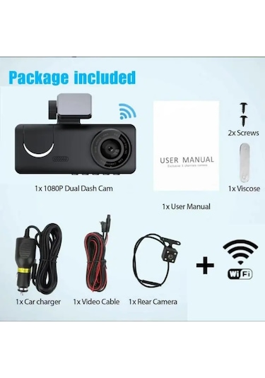 Wifi 1080p Araç Kamerası, Sürüş Kaydedici, 2 İnç Ips Ekran, Üçlü Lens, Araç Kamerası, G-sensörü, Hareket Algılama, Araba Aksesuarları