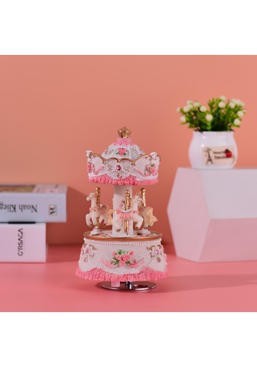 Yifomall Resinli Döner Atlıkarınca Müzik Kutusu, Göklerdeki Kalesi Melodisi, Manavgatlı Mekanizma, 4 Renk Seçeneği, Hediyelik Sanat Eseri Pembe