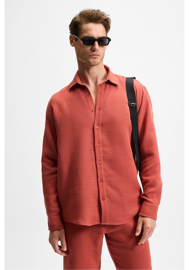 Raımo Erkek %100 Pamuklu Müslin Kumaş Manşetli Uzun Kol Comfort Fit Kiremit Rengi Gömlek
