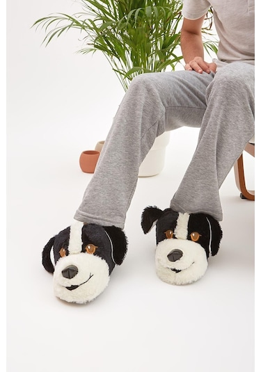 Siyah Hayvanlı Sessiz Taban Panduf Sevimli Köpek Figürlü Peluş Ev Ayakkabısı Siyah