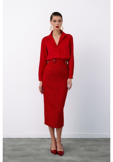 Sateen Düz Klasik Gömlek - Kırmızı-122327 Kırmızı