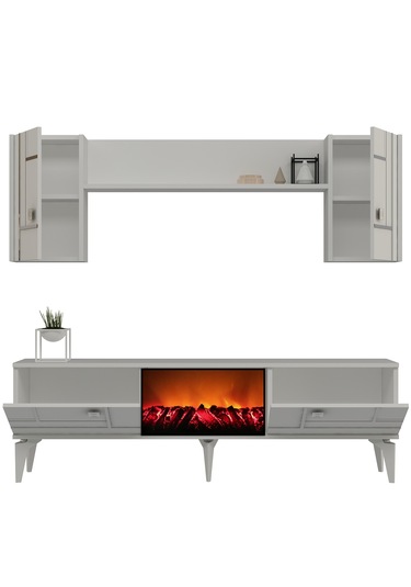 Maddera Şömineli Tv Ünitesi Takımı Beyaz-gümüş