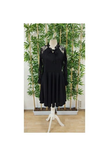 Kadın Uzun Kollu Yakadan Bağcıklı Dantel Detaylı Kısa İthal Krep Siyah