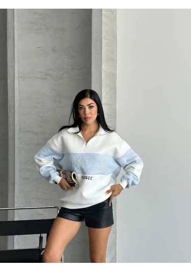 Yarım Fermuar Ikı Renklı Sweat Mavi
