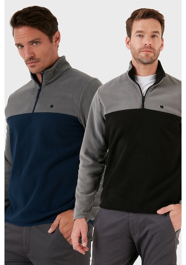 Buratti Regular Fit Anti-Pilling Tüylenme Yapmayan Dik Yaka Şardonlu 2'Li Paket Erkek Polar 5906016S2 Gri-Gri Siyah