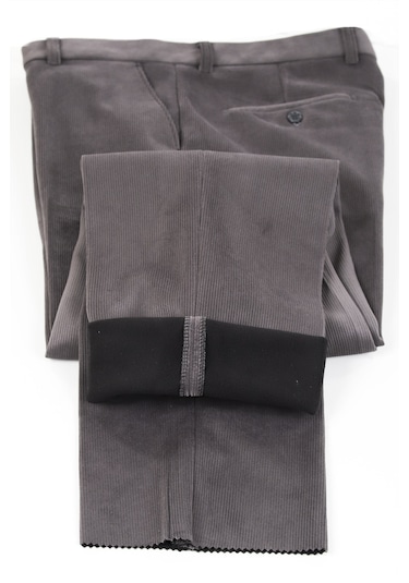 Neowit Erkek İçi Polarlı Yan Cep Klasik Kesim Kadife Pantolon Gri Melanj