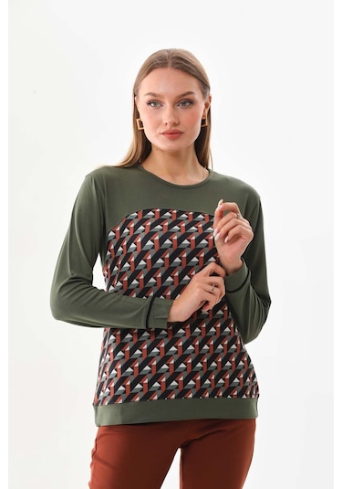 Sistas Kadın Desenli Uzun Kol Bluz 23618 Yeşil