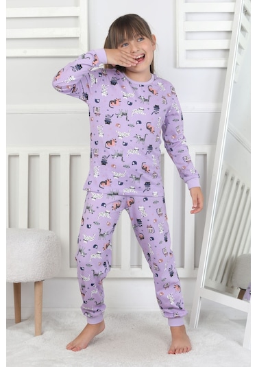 Uzun Kollu Cute Cat Desenli Kız Çocuk Pijama Takımı Mor