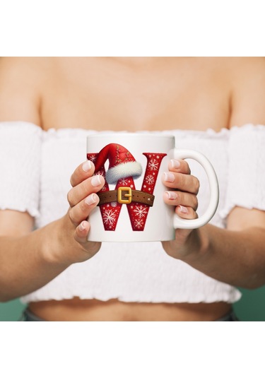 W Harfi Yılbaşı Temalı Bardak 330 Ml Harfli Kişiye Özel Hediye - Yeniyıl / Noel Şapka Tasarım Beyaz