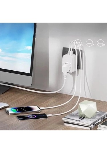 Tekli Yüksek Voltaj Korumalı Duvar Prizi 2x Type-c 1x Usb Çıkışlı Priz Grup Priz Çoğaltıcı Beyaz 1
