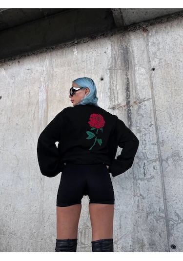 Oversize Üç İplik Bisiklet Yaka Baskılı Sweatshirt - Siyah Siyah