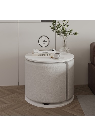 Vexana Puflu Yan Sehpa Saklanabilir Puflu Servis Sehpası Beyaz