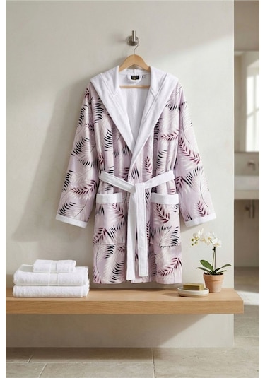 Modern Botanik Pamuklu Desenli Kapüşonlu Bornoz Mor - Pembe Modern Botanik
