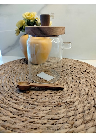 Cam Kavanoz Akasya Kapak &kaşık700ml Ahşap - Şeffaf