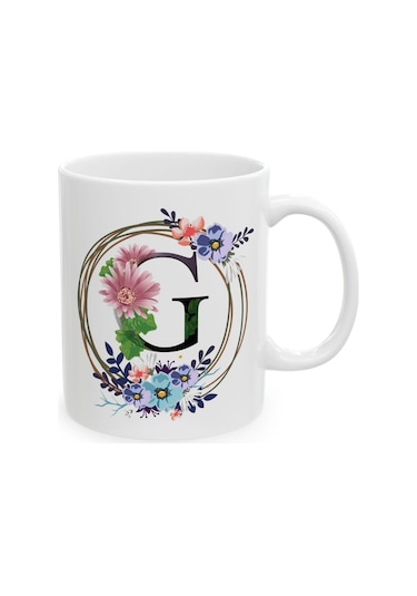 G Harf Baskılı Hediyelik Baskılı Porselen Beyaz Lüks Kupa Bardak Beyaz