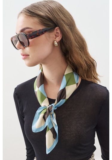 Desenli Orta Boy Saten Fular Check Check