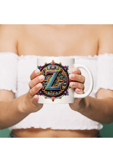 Z Harfi Boho Bardak, Renkli Özel Tasarım Hediyelik Harfli Kupa, 330ml Porselen Beyaz