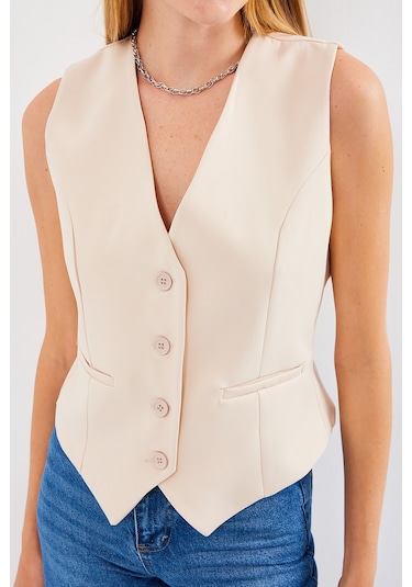 Bigdart 6796 Kısa Dokuma Yelek - Krem 001