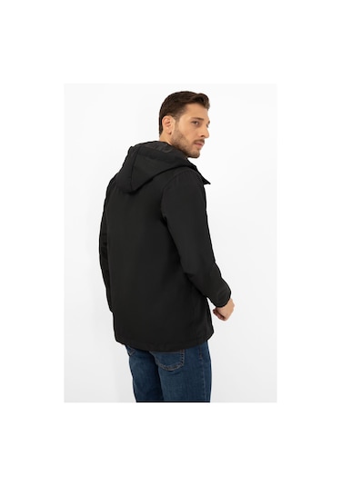 Erkek Siyah İçi Astarlı Kanguru Cepli Su Ve Rüzgar Geçirmez Kapüşonlu Cepli Yağmurluk Siyah
