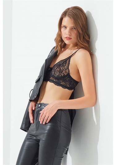 Siyah Dantelli Ayarlanabilir Lastikli Balenli Bralet Sütyen Siyah
