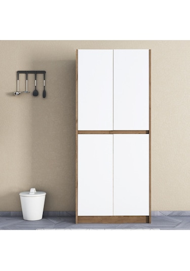 Umg Mobilya Patentli Santra Kulpsuz 4 Kapaklı, Çok Amaçlı Dolap, Mutfak, Elbise, Balkon, Kiler, Dosya Dolabı Beyaz - Meşe