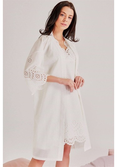 Magic Form 46108 Kadın Ekru Kendinden Brode Desenli Pamuklu Tek Sabahlık