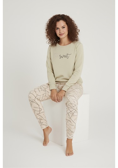 Luxury Thermal Be Sweet Yazılı Çizgili Desenli Kadın Polar Pijama Takımı 42040 Krem