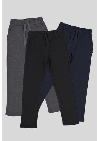 Siyah-lacivert Antrasit Kalın Pamuklu Beli Lastikli Yan Cepli 3'lü Erkek Çocuk Eşofman Altı 001