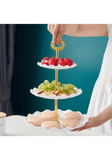 Dashanshop Ruffle Siyah Tek Parça 3 Katlı Porselen Kek Standı Kaymaz Tabanlı Dantel Desenli