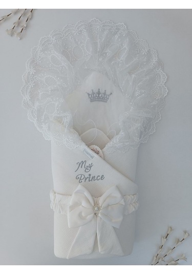 Ekru Erkek Bebek Battaniyesi Dantelli Mevlütlük Hastane Çıkışı Yenidoğan %100 Pamuklu Hediyelik Ekru