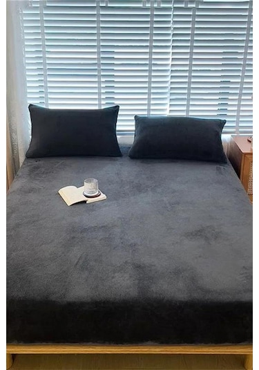 Kadife Kumaş Fitted Lastikli Çarşaf Takımı 160x200+30 Cm Antrasit