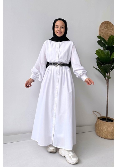 Manşetli Gömlek Elbise - Beyaz