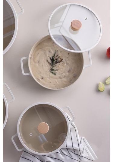 Neoflam Fika Cam Kapaklı Alüminyum 2'li Sahan Set 20 - 22cm Bej