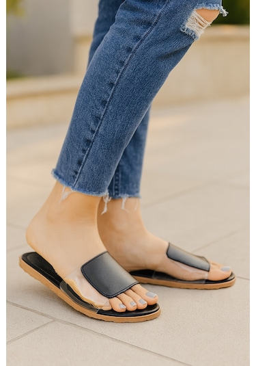 Rose Şeffaf Kadın Terlik Açık Ev Terliği Siyah