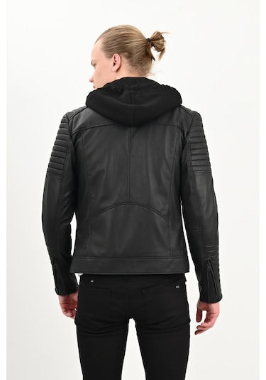 Sherwood Kapşonlu Erkek Deri Ceket Siyah