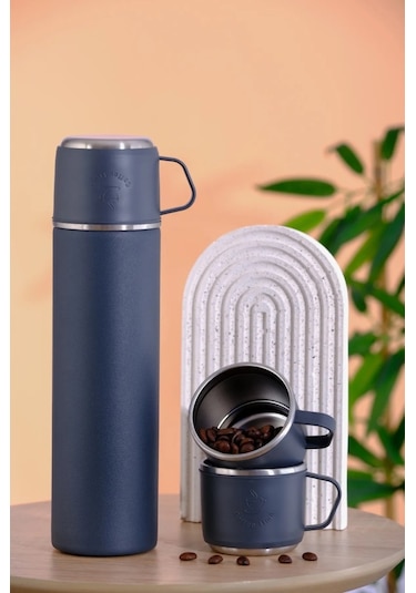 304 Paslanmaz Çelik 3 Bardaklı Termos Seti Çay Kahve Piknik Kamp Gri Gri