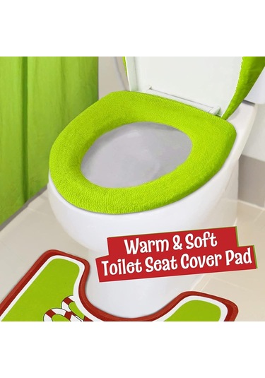 Qingmipy Grinch Noel Banyo Seti - 4 Parça Tuvalet Kapağı, Koltuk Pedi Ve Halı Yeşil Noel Dekoru