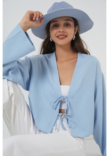 Bigdart Önü Bağlamalı Keten Kimono 960 - Mavi