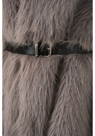 Kadın Kemerli Oversize Kürklü Kaban 9156 - Füme Füme